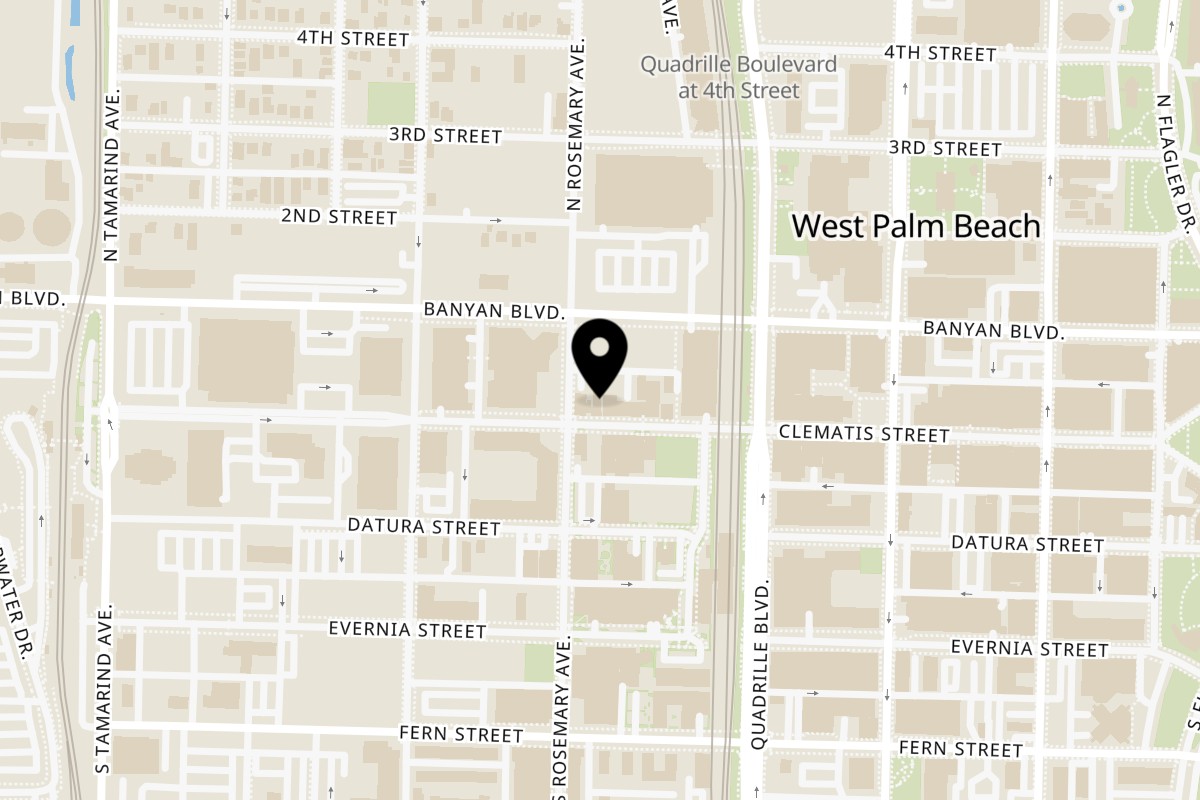 Map showing the location of Tacos del Cartel West Palm Beach on 533 Clematis St in West Palm Beach
